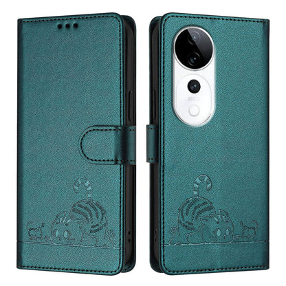 vivo S19 Pro Leather Phone Case with Cat and Rat Embossed Pattern, RFID Protection, Card Holder Slots, Anti-fall Feature & Lanyard