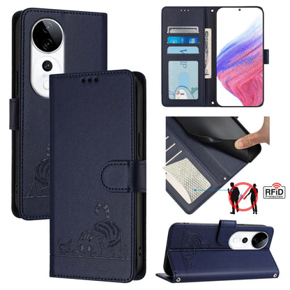 vivo S19 Pro Leather Phone Case with Cat and Rat Embossed Pattern, RFID Protection, Card Holder Slots, Anti-fall Feature & Lanyard