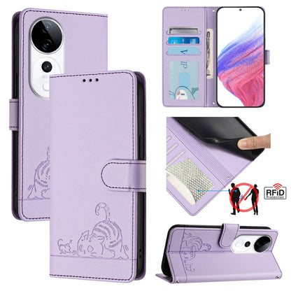 vivo S19 Pro Leather Phone Case with Cat and Rat Embossed Pattern, RFID Protection, Card Holder Slots, Anti-fall Feature & Lanyard