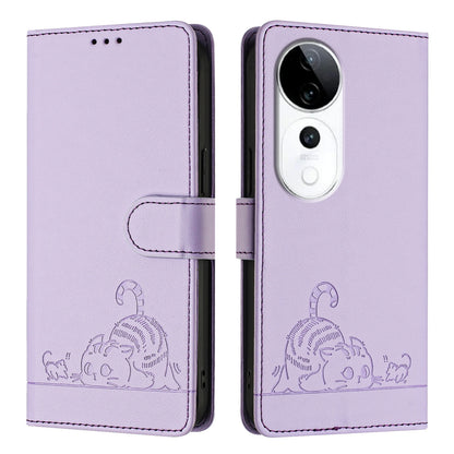 vivo S19 Pro Leather Phone Case with Cat and Rat Embossed Pattern, RFID Protection, Card Holder Slots, Anti-fall Feature & Lanyard