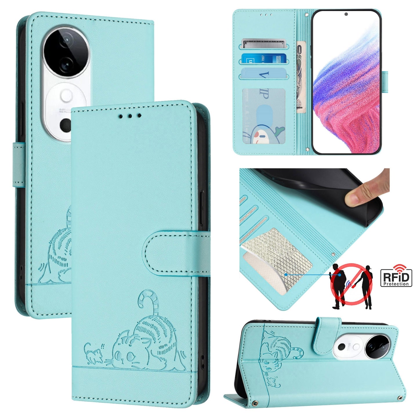 vivo S19 Leather Phone Case with Cat and Rat Embossed Pattern, RFID Protection, Card Holder Slots, Anti-fall Feature & Lanyard