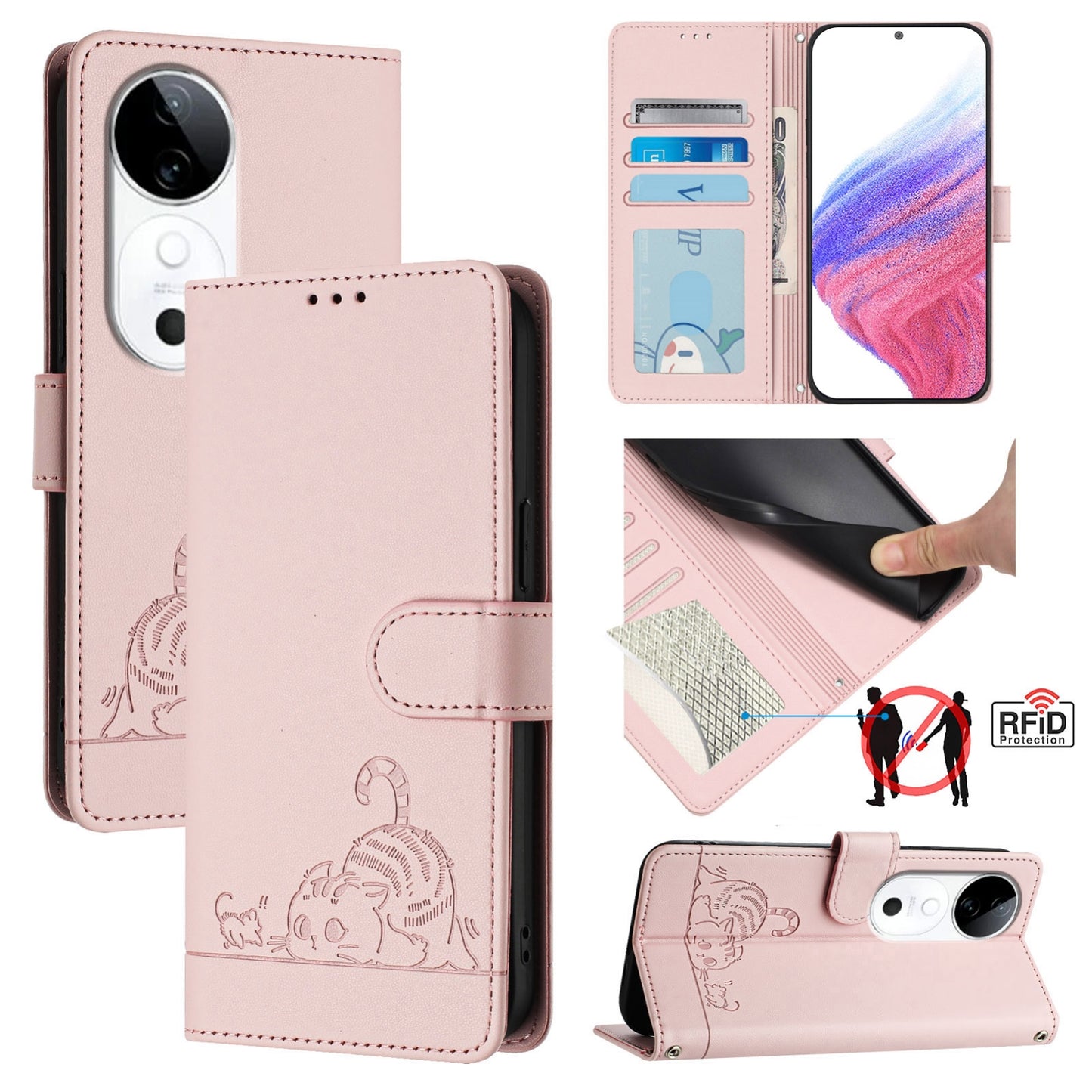vivo S19 Leather Phone Case with Cat and Rat Embossed Pattern, RFID Protection, Card Holder Slots, Anti-fall Feature & Lanyard
