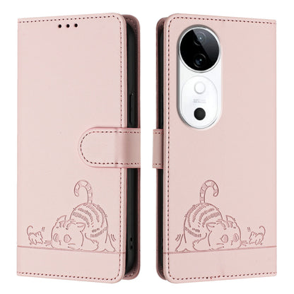 vivo S19 Leather Phone Case with Cat and Rat Embossed Pattern, RFID Protection, Card Holder Slots, Anti-fall Feature & Lanyard