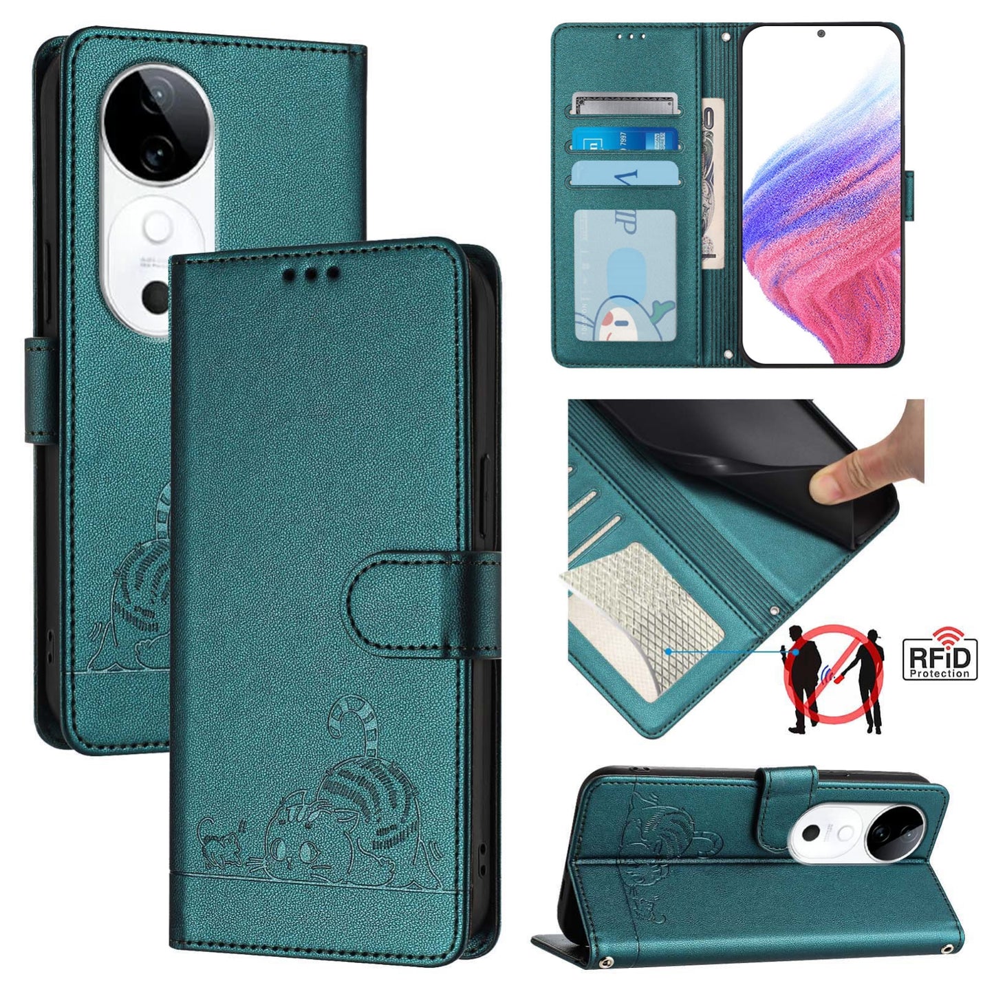 vivo S19 Leather Phone Case with Cat and Rat Embossed Pattern, RFID Protection, Card Holder Slots, Anti-fall Feature & Lanyard