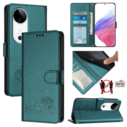 vivo S19 Leather Phone Case with Cat and Rat Embossed Pattern, RFID Protection, Card Holder Slots, Anti-fall Feature & Lanyard