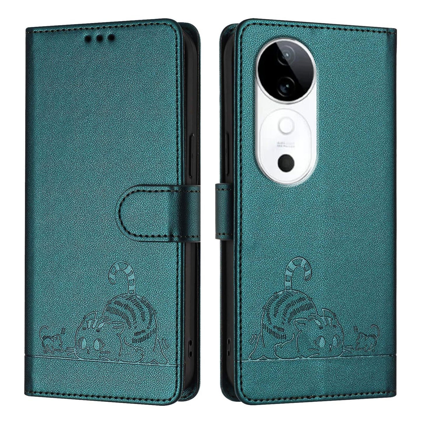 vivo S19 Leather Phone Case with Cat and Rat Embossed Pattern, RFID Protection, Card Holder Slots, Anti-fall Feature & Lanyard
