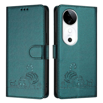 vivo S19 Leather Phone Case with Cat and Rat Embossed Pattern, RFID Protection, Card Holder Slots, Anti-fall Feature & Lanyard