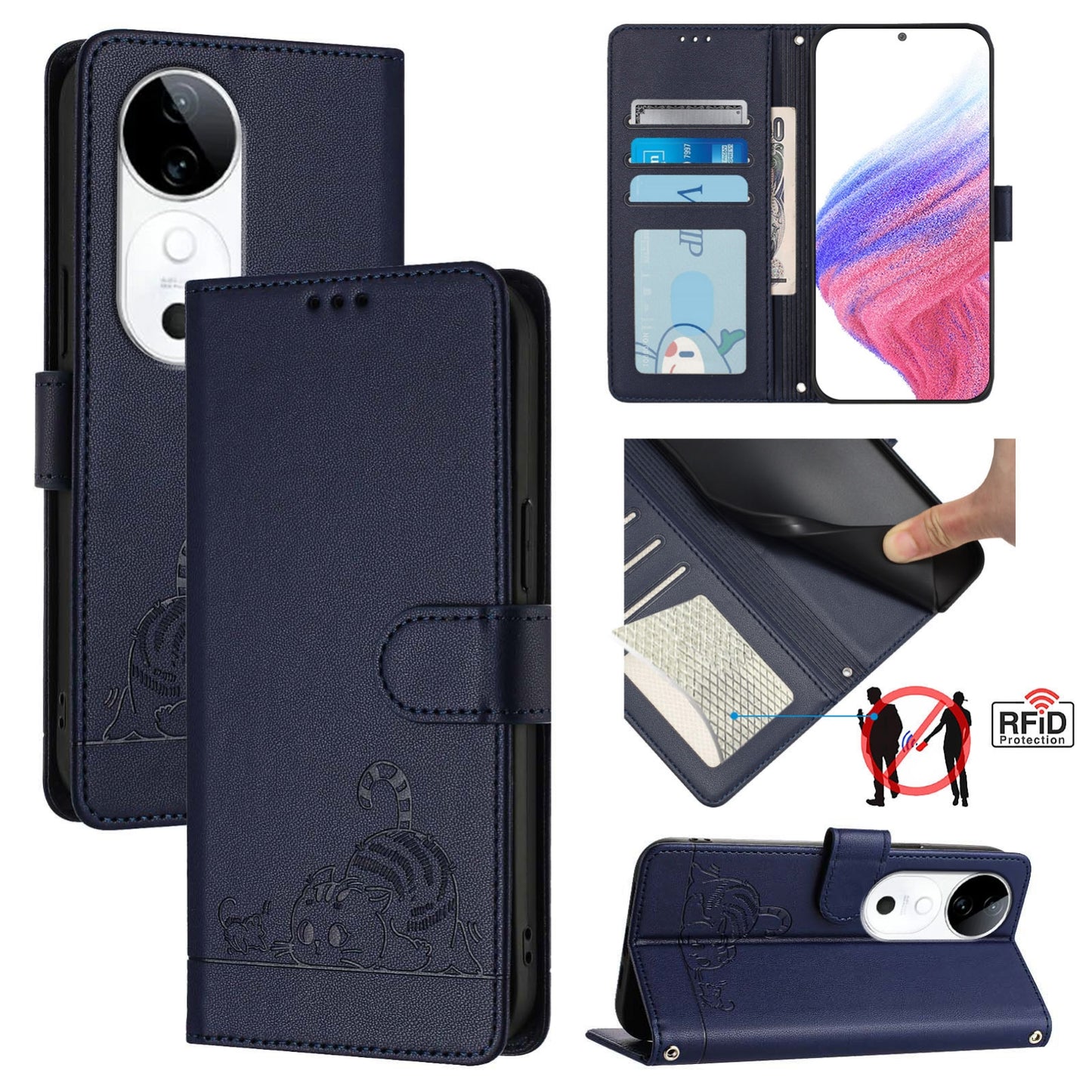 vivo S19 Leather Phone Case with Cat and Rat Embossed Pattern, RFID Protection, Card Holder Slots, Anti-fall Feature & Lanyard