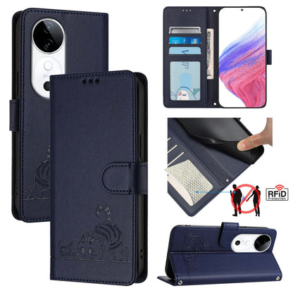 vivo S19 Leather Phone Case with Cat and Rat Embossed Pattern, RFID Protection, Card Holder Slots, Anti-fall Feature & Lanyard