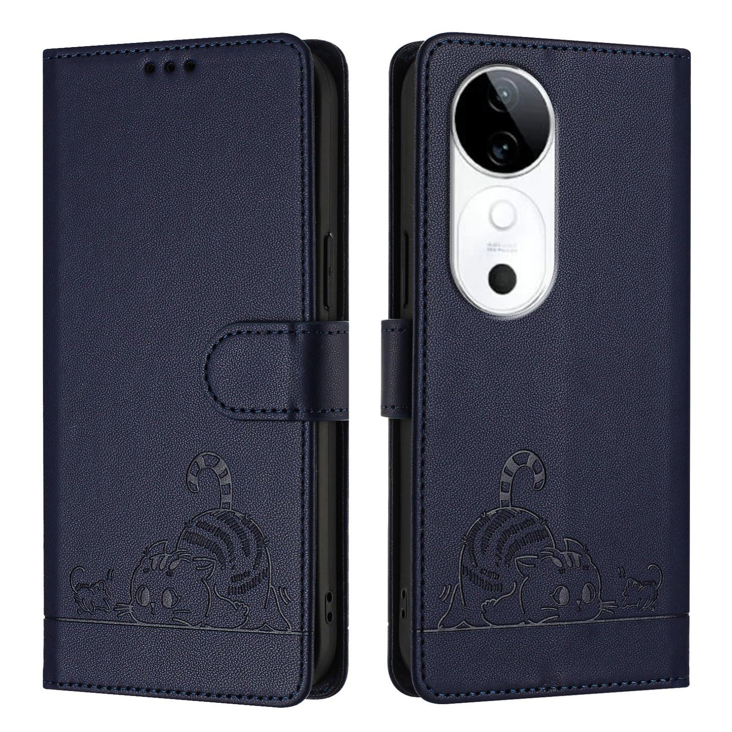 vivo S19 Leather Phone Case with Cat and Rat Embossed Pattern, RFID Protection, Card Holder Slots, Anti-fall Feature & Lanyard