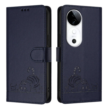 vivo S19 Leather Phone Case with Cat and Rat Embossed Pattern, RFID Protection, Card Holder Slots, Anti-fall Feature & Lanyard