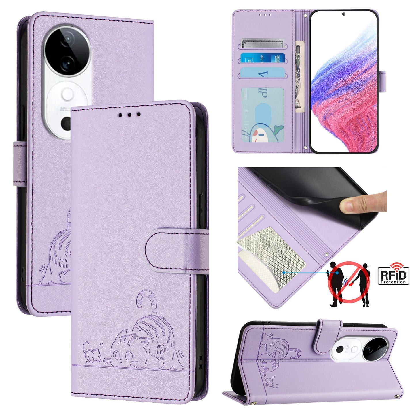 vivo S19 Leather Phone Case with Cat and Rat Embossed Pattern, RFID Protection, Card Holder Slots, Anti-fall Feature & Lanyard
