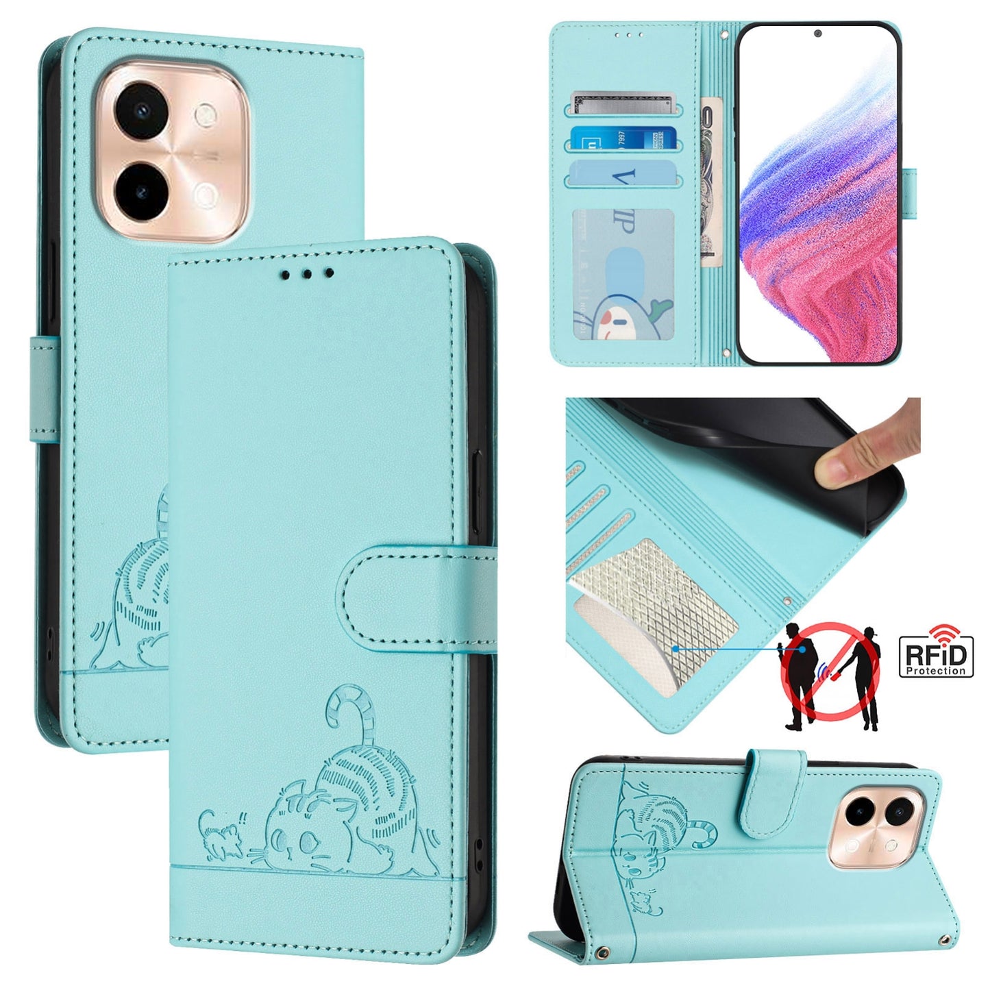 vivo Y28 4G Leather Phone Case with Cat and Rat Embossed Pattern, RFID Protection, Card Holder Slots, Anti-fall Feature & Lanyard