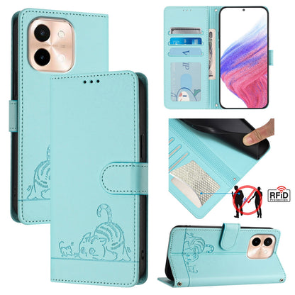 vivo Y28 4G Leather Phone Case with Cat and Rat Embossed Pattern, RFID Protection, Card Holder Slots, Anti-fall Feature & Lanyard