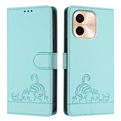 vivo Y28 4G Leather Phone Case with Cat and Rat Embossed Pattern, RFID Protection, Card Holder Slots, Anti-fall Feature & Lanyard