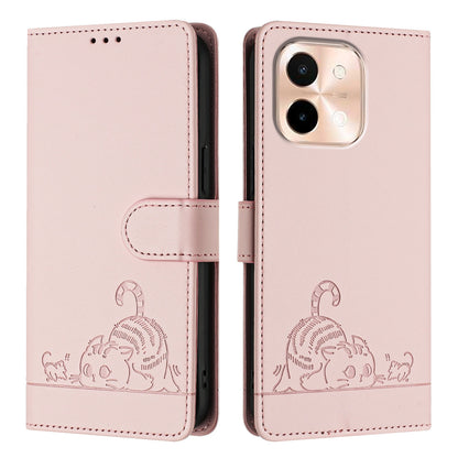vivo Y28 4G Leather Phone Case with Cat and Rat Embossed Pattern, RFID Protection, Card Holder Slots, Anti-fall Feature & Lanyard