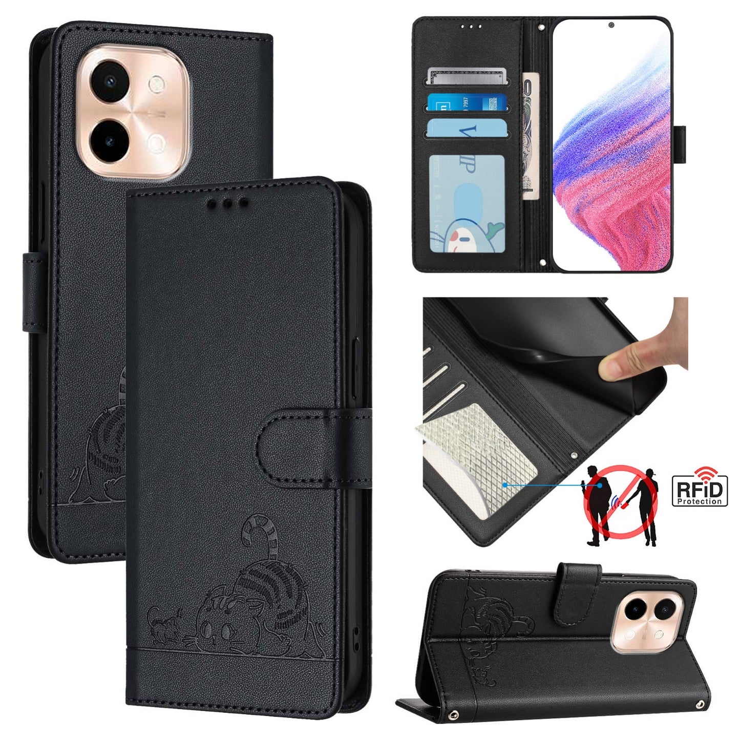 vivo Y28 4G Leather Phone Case with Cat and Rat Embossed Pattern, RFID Protection, Card Holder Slots, Anti-fall Feature & Lanyard