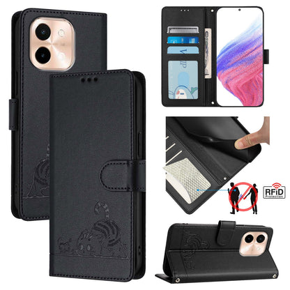 vivo Y28 4G Leather Phone Case with Cat and Rat Embossed Pattern, RFID Protection, Card Holder Slots, Anti-fall Feature & Lanyard