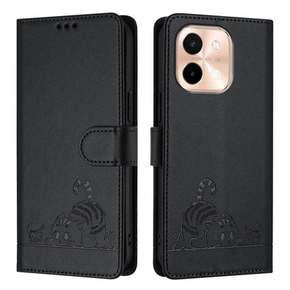 vivo Y28 4G Leather Phone Case with Cat and Rat Embossed Pattern, RFID Protection, Card Holder Slots, Anti-fall Feature & Lanyard