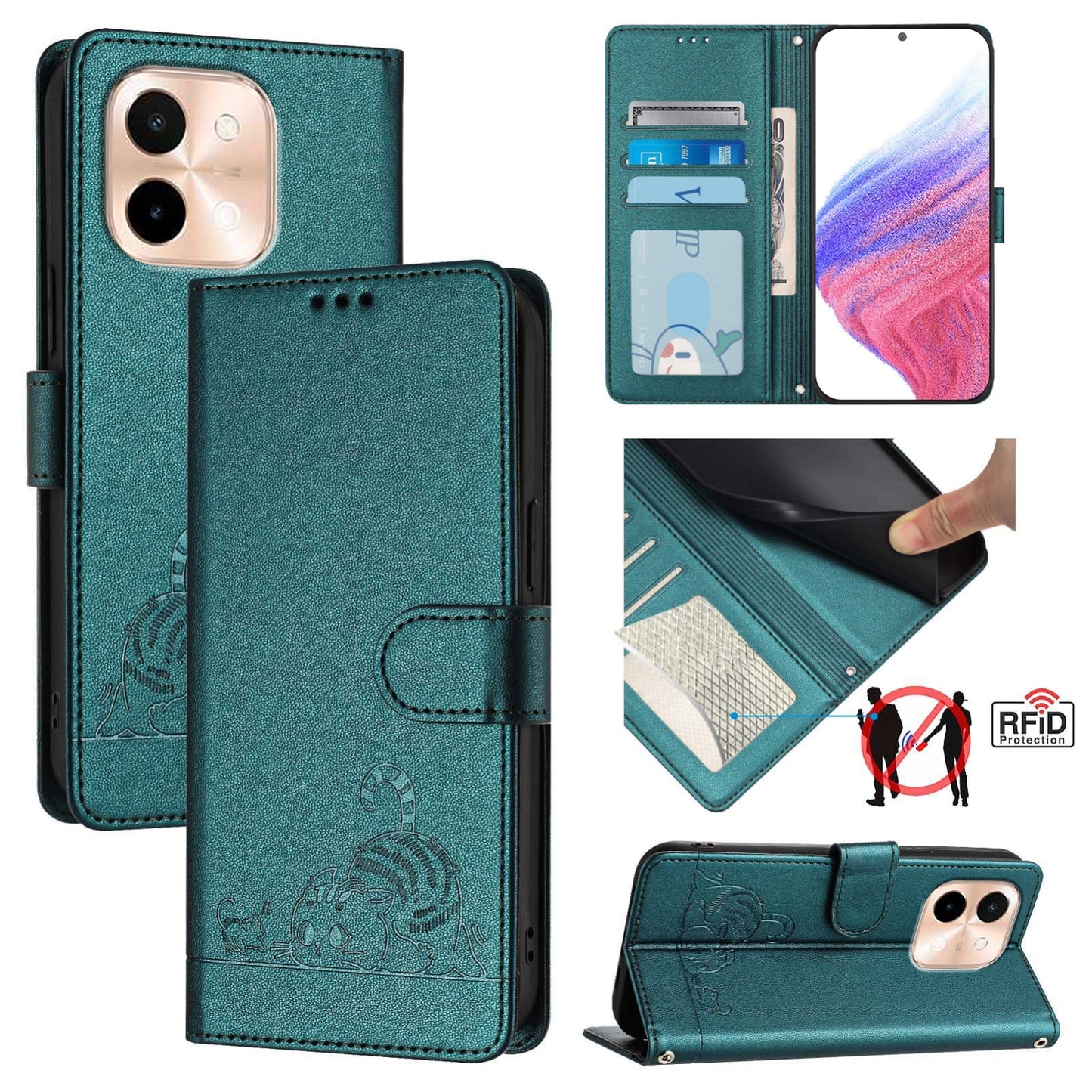 vivo Y28 4G Leather Phone Case with Cat and Rat Embossed Pattern, RFID Protection, Card Holder Slots, Anti-fall Feature & Lanyard