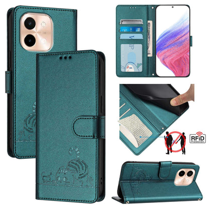 vivo Y28 4G Leather Phone Case with Cat and Rat Embossed Pattern, RFID Protection, Card Holder Slots, Anti-fall Feature & Lanyard
