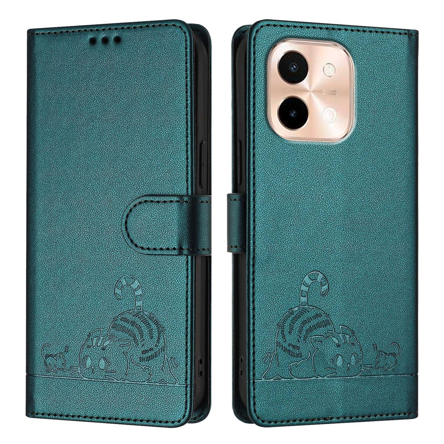 vivo Y28 4G Leather Phone Case with Cat and Rat Embossed Pattern, RFID Protection, Card Holder Slots, Anti-fall Feature & Lanyard