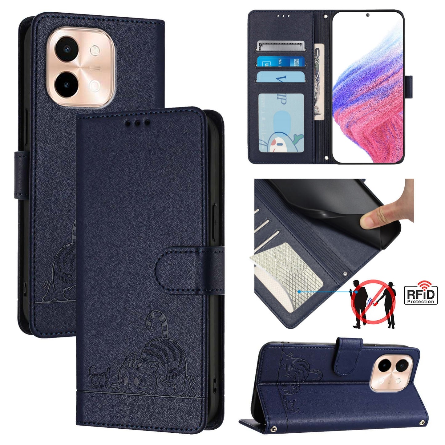 vivo Y28 4G Leather Phone Case with Cat and Rat Embossed Pattern, RFID Protection, Card Holder Slots, Anti-fall Feature & Lanyard