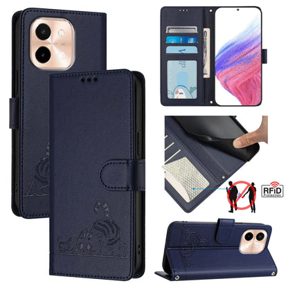 vivo Y28 4G Leather Phone Case with Cat and Rat Embossed Pattern, RFID Protection, Card Holder Slots, Anti-fall Feature & Lanyard