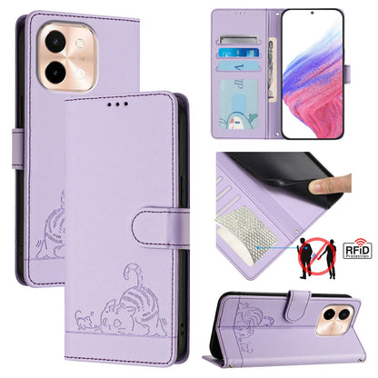vivo Y28 4G Leather Phone Case with Cat and Rat Embossed Pattern, RFID Protection, Card Holder Slots, Anti-fall Feature & Lanyard