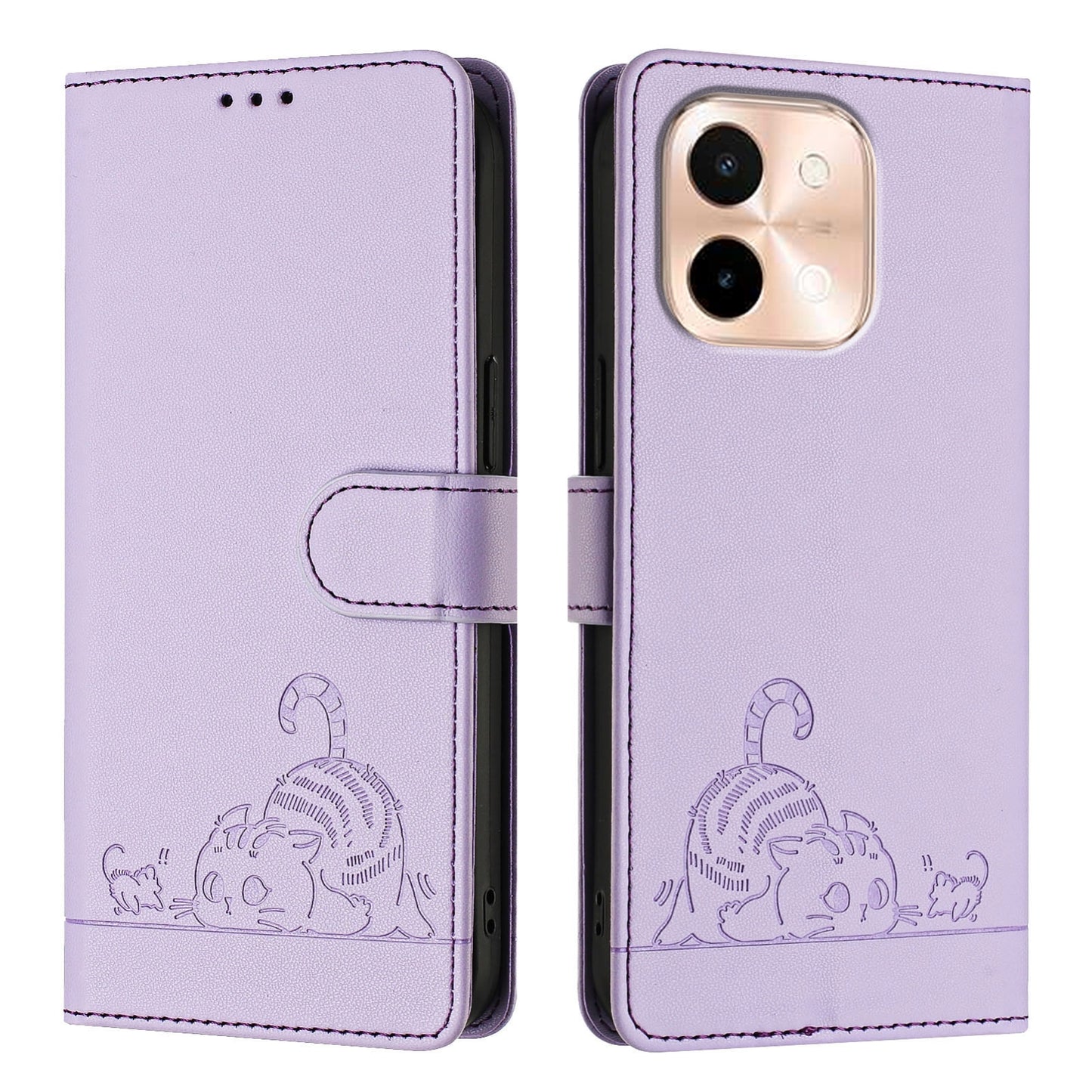 vivo Y28 4G Leather Phone Case with Cat and Rat Embossed Pattern, RFID Protection, Card Holder Slots, Anti-fall Feature & Lanyard