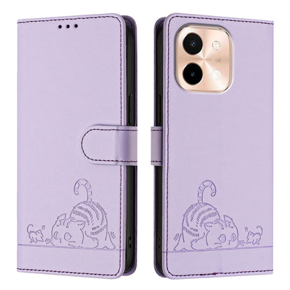 vivo Y28 4G Leather Phone Case with Cat and Rat Embossed Pattern, RFID Protection, Card Holder Slots, Anti-fall Feature & Lanyard