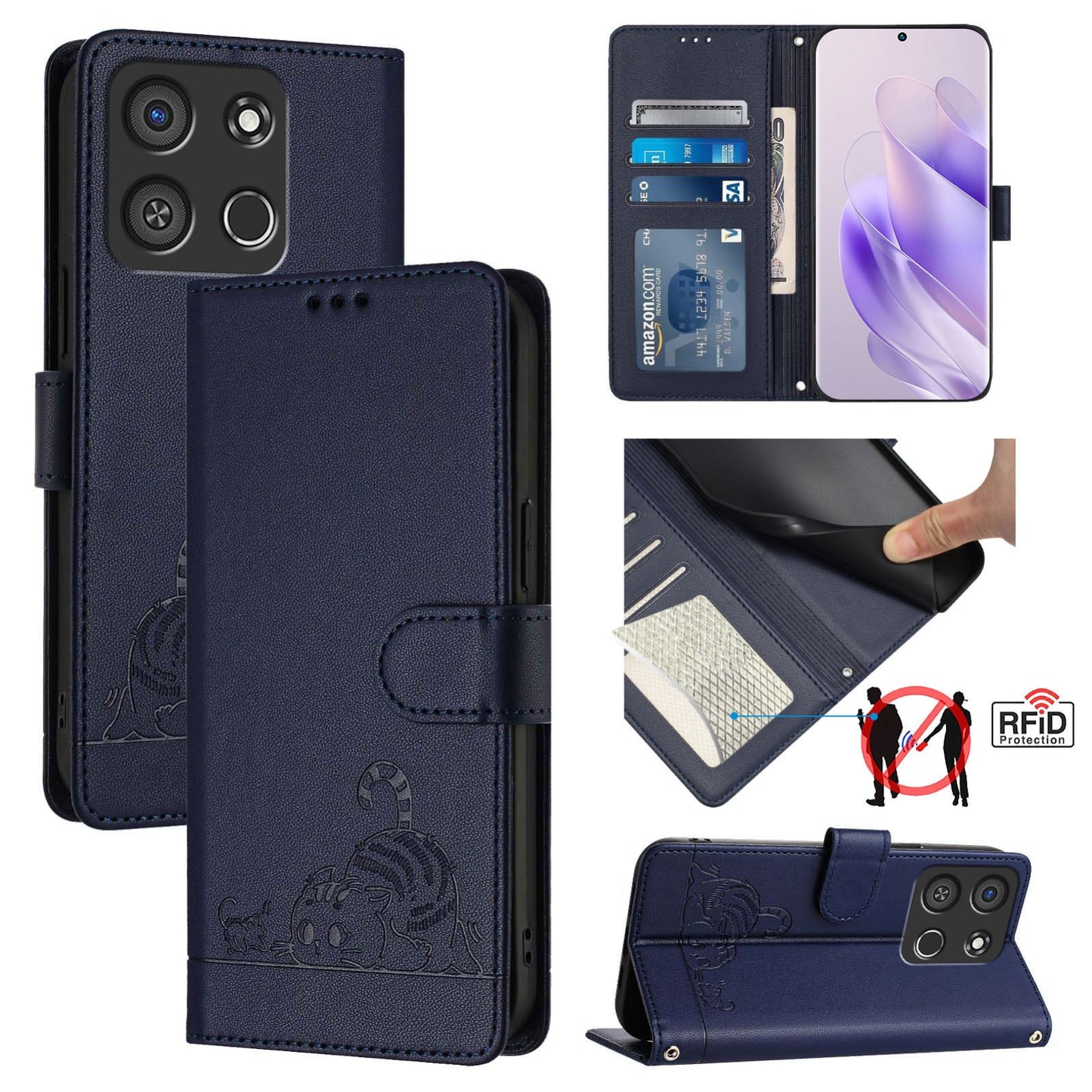 itel A05s Leather Phone Case with Cat and Rat Embossed Pattern, RFID Protection, Card Holder Slots, Anti-fall Feature & Lanyard