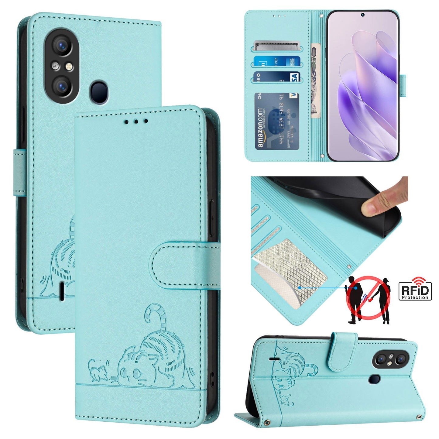 itel A49 Leather Phone Case with Cat and Rat Embossed Pattern, RFID Protection, Card Holder Slots, Anti-fall Feature & Lanyard