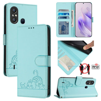 itel A49 Leather Phone Case with Cat and Rat Embossed Pattern, RFID Protection, Card Holder Slots, Anti-fall Feature & Lanyard