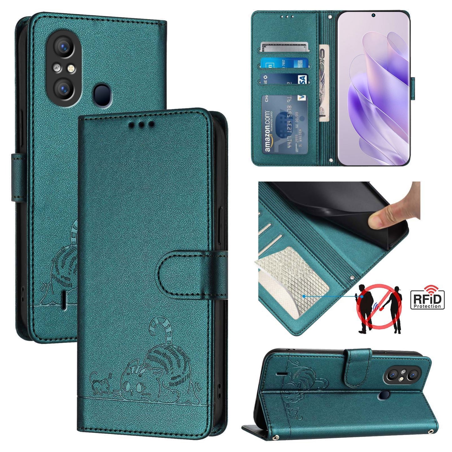 itel A58 Leather Phone Case with Cat and Rat Embossed Pattern, RFID Protection, Card Holder Slots, Anti-fall Feature & Lanyard