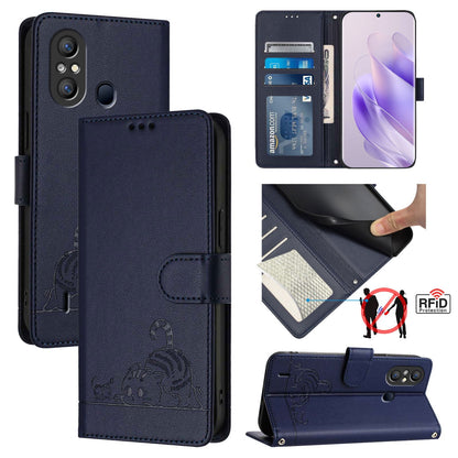 itel A58 Leather Phone Case with Cat and Rat Embossed Pattern, RFID Protection, Card Holder Slots, Anti-fall Feature & Lanyard