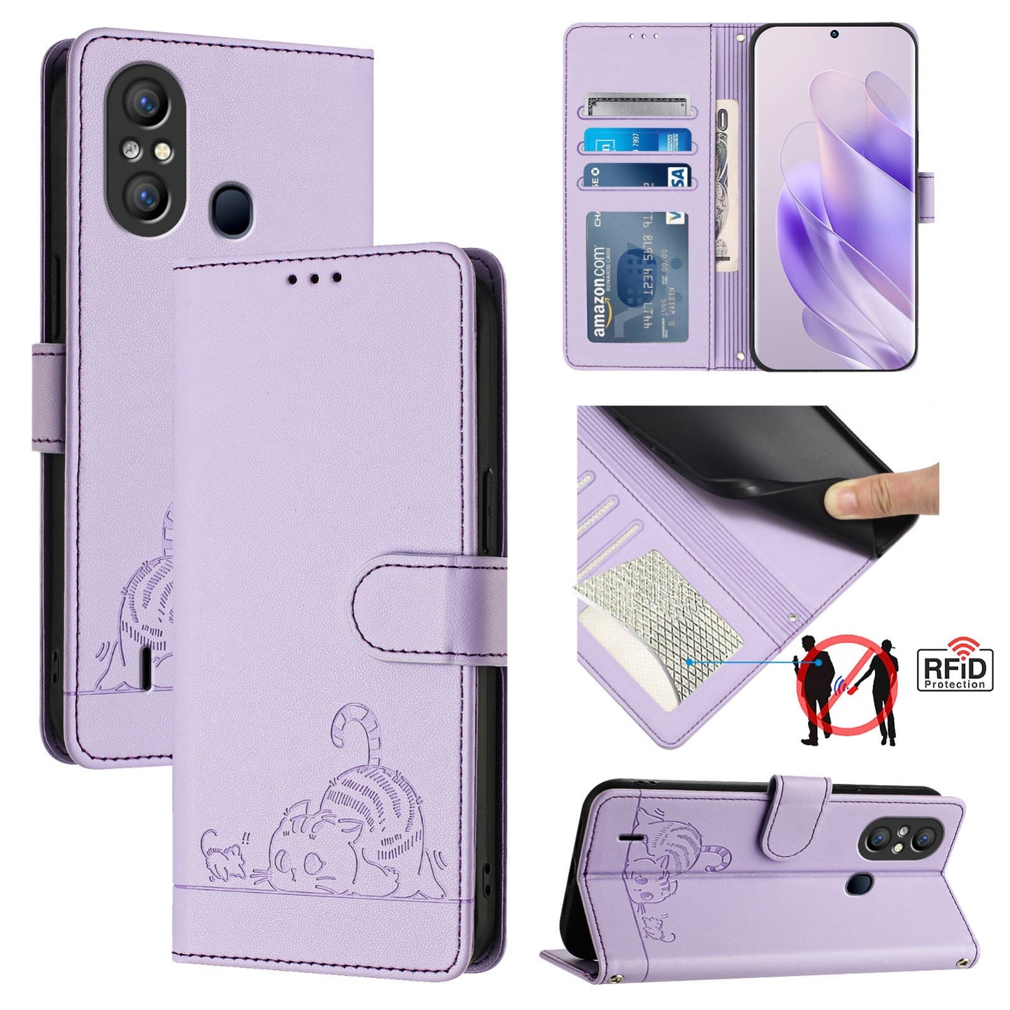 itel A58 Leather Phone Case with Cat and Rat Embossed Pattern, RFID Protection, Card Holder Slots, Anti-fall Feature & Lanyard
