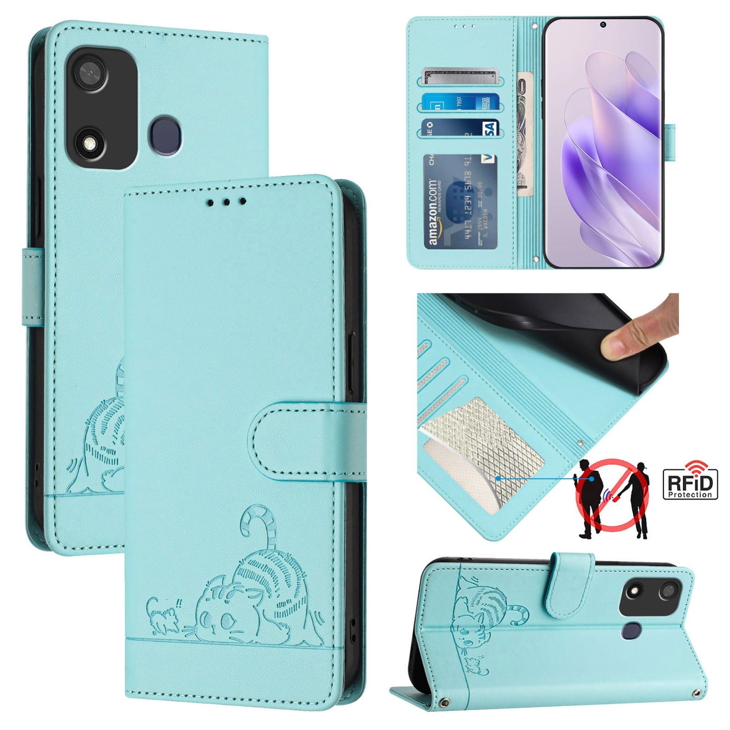 itel P17 Leather Phone Case with Cat and Rat Embossed Pattern, RFID Protection, Card Holder Slots, Anti-fall Feature & Lanyard