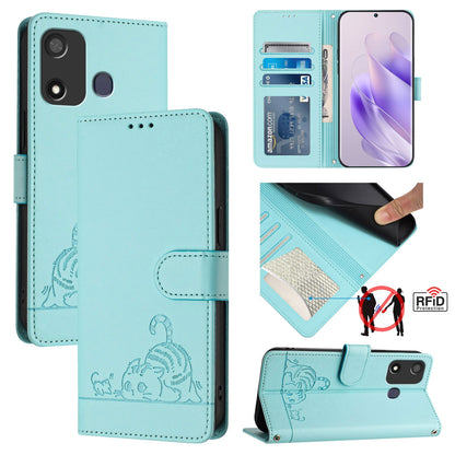 itel P17 Leather Phone Case with Cat and Rat Embossed Pattern, RFID Protection, Card Holder Slots, Anti-fall Feature & Lanyard