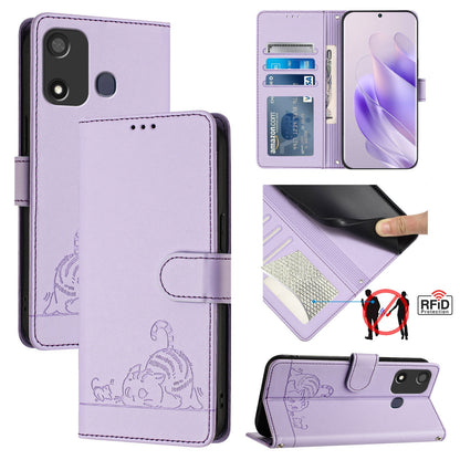 itel A27 Leather Phone Case with Cat and Rat Embossed Pattern, RFID Protection, Card Holder Slots, Anti-fall Feature & Lanyard