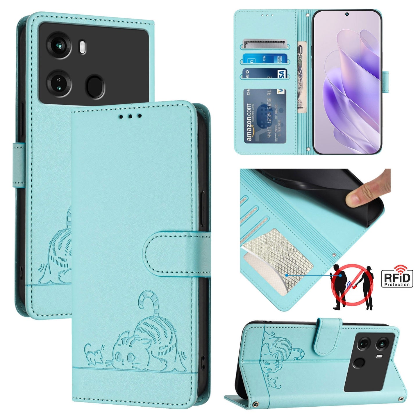 itel P40 Leather Phone Case with Cat and Rat Embossed Pattern, RFID Protection, Card Holder Slots, Anti-fall Feature & Lanyard