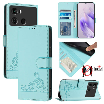 itel P40 Leather Phone Case with Cat and Rat Embossed Pattern, RFID Protection, Card Holder Slots, Anti-fall Feature & Lanyard
