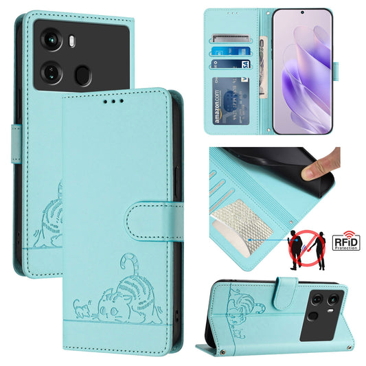 itel P40 Leather Phone Case with Cat and Rat Embossed Pattern, RFID Protection, Card Holder Slots, Anti-fall Feature & Lanyard