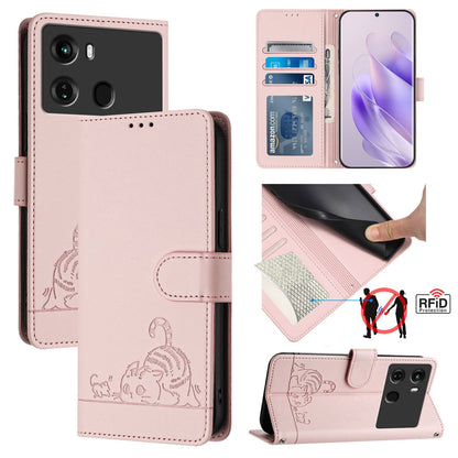 itel P40 Leather Phone Case with Cat and Rat Embossed Pattern, RFID Protection, Card Holder Slots, Anti-fall Feature & Lanyard