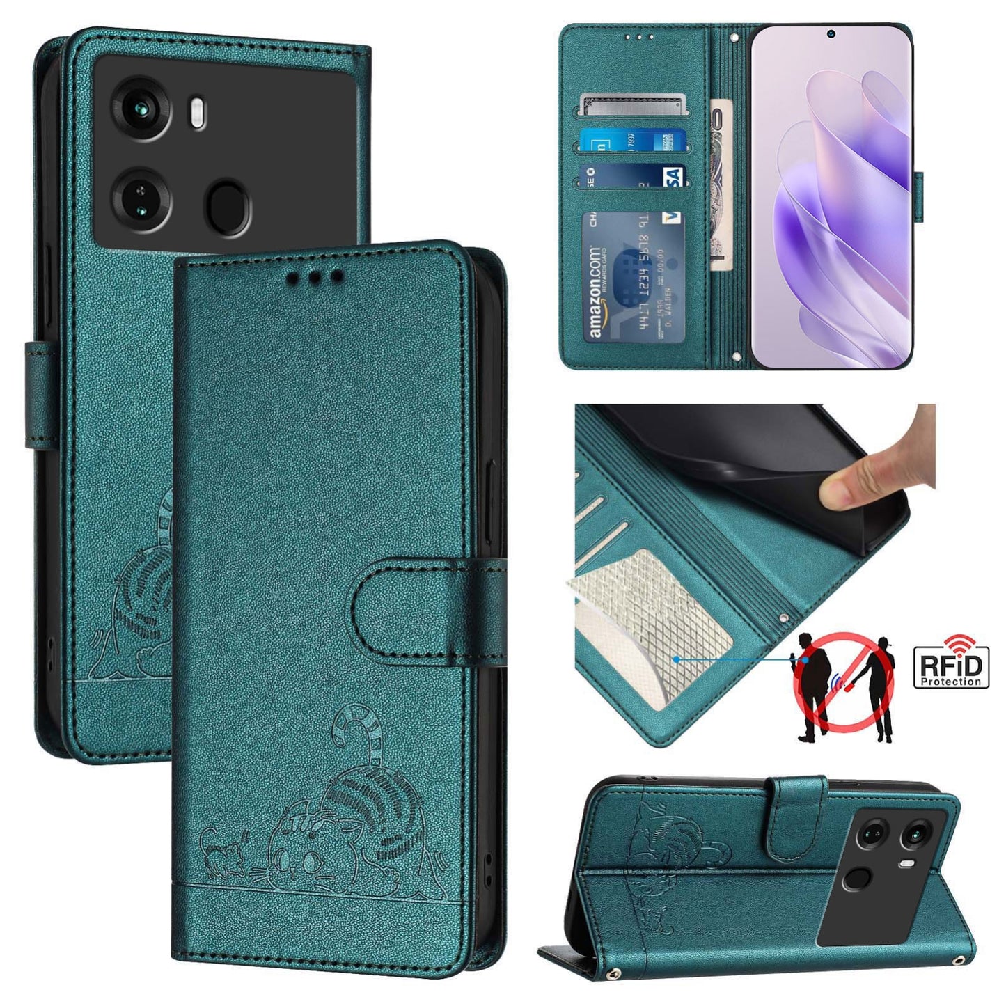 itel P40 Leather Phone Case with Cat and Rat Embossed Pattern, RFID Protection, Card Holder Slots, Anti-fall Feature & Lanyard