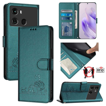 itel P40 Leather Phone Case with Cat and Rat Embossed Pattern, RFID Protection, Card Holder Slots, Anti-fall Feature & Lanyard
