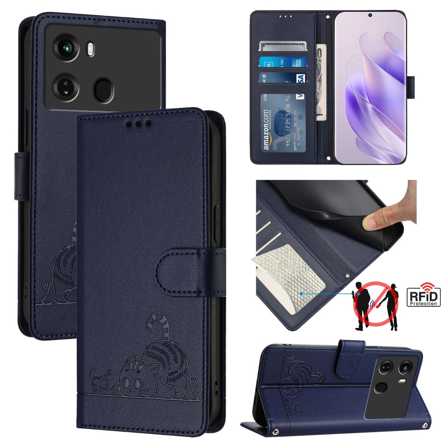 itel P40 Leather Phone Case with Cat and Rat Embossed Pattern, RFID Protection, Card Holder Slots, Anti-fall Feature & Lanyard