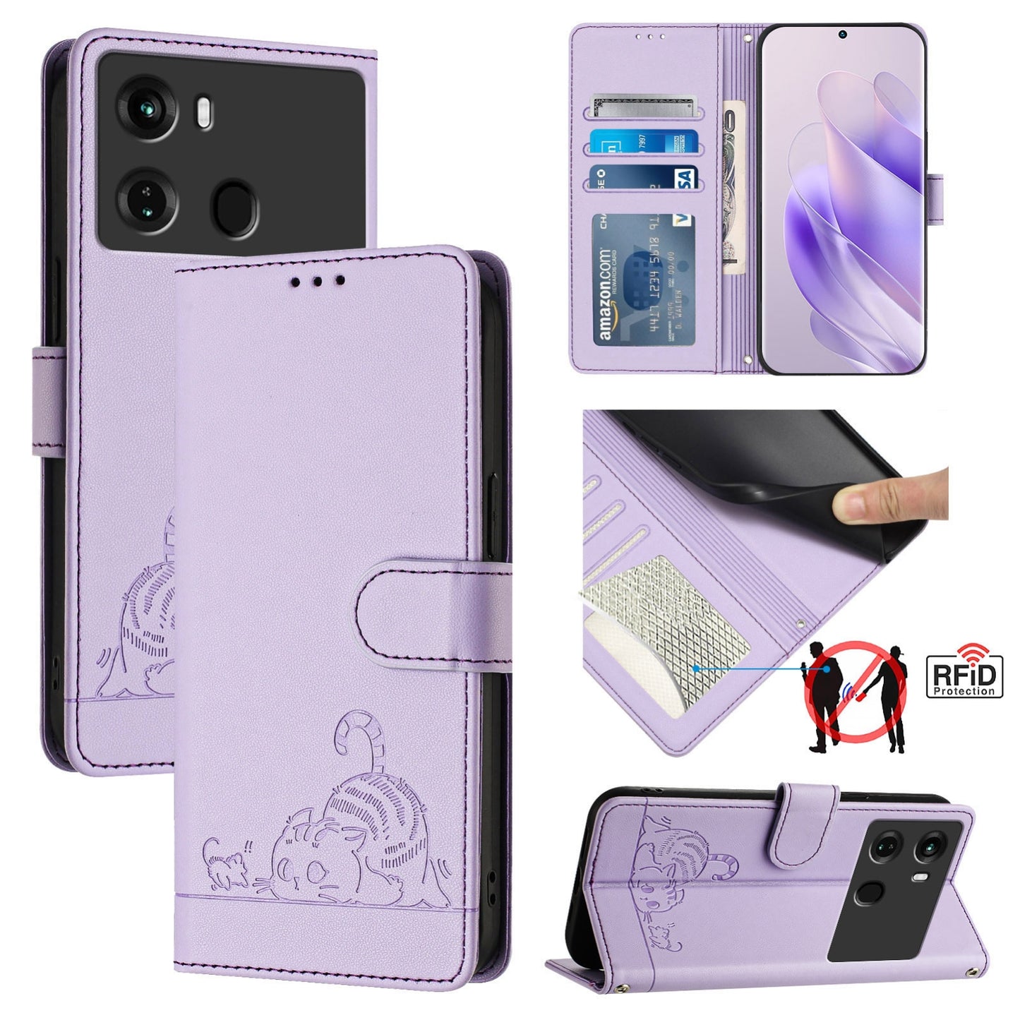 itel P40 Leather Phone Case with Cat and Rat Embossed Pattern, RFID Protection, Card Holder Slots, Anti-fall Feature & Lanyard