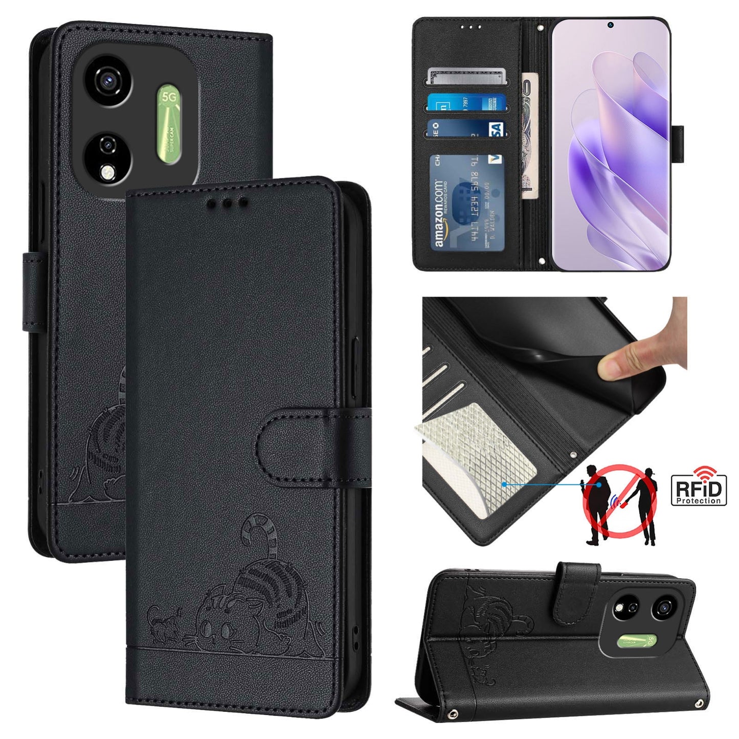 itel P55 5G Leather Phone Case with Cat and Rat Embossed Pattern, RFID Protection, Card Holder Slots, Anti-fall Feature & Lanyard