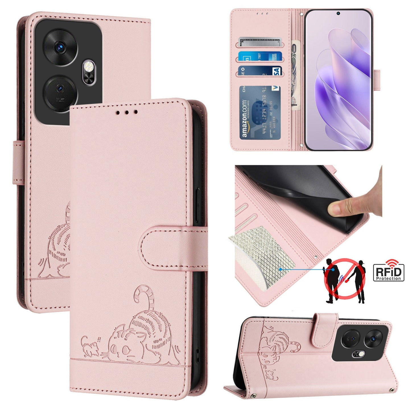 itel P55+ Leather Phone Case with Cat and Rat Embossed Pattern, RFID Protection, Card Holder Slots, Anti-fall Feature & Lanyard